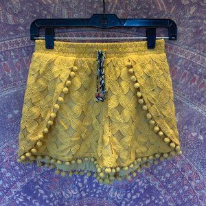 Mustard Yellow Shorts Boho Hippie Lace Pom Trim